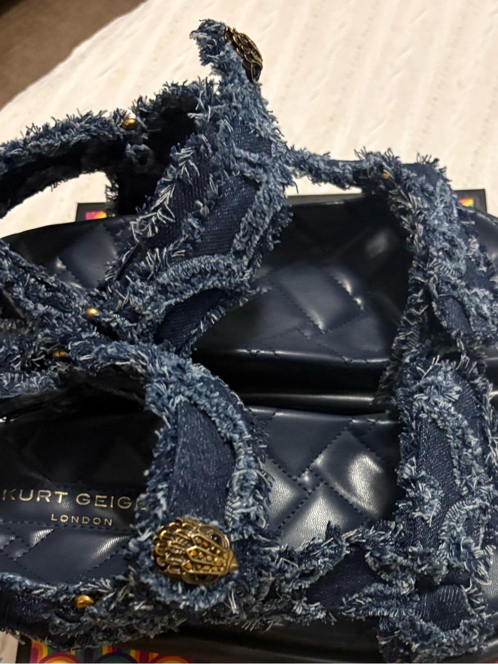 Kurt Geiger Frayed Denim Quilted Slide Sandals - Navy - Picture 3 of 4